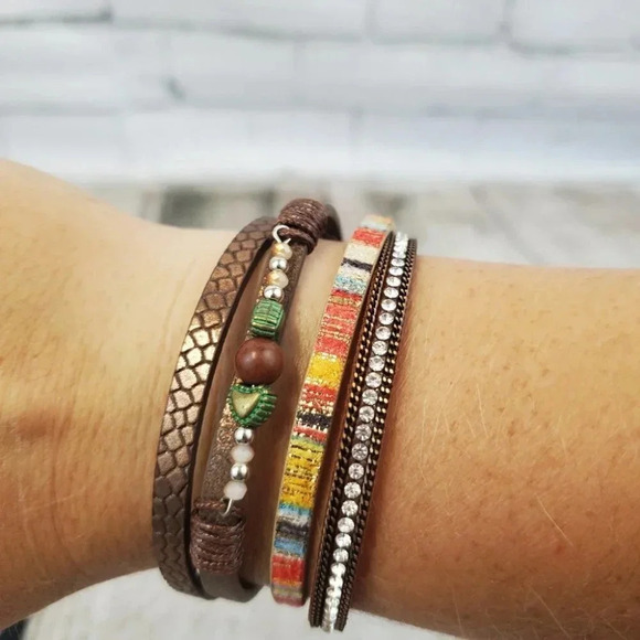 Brown Multi Band Boho Bracelet with Magnetic Clasp - Picture 1 of 9